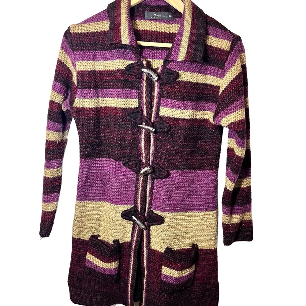 Y2K Vintage Boho Striped Purple Knit Jacket with Silver Horn Toggle Buttons LL